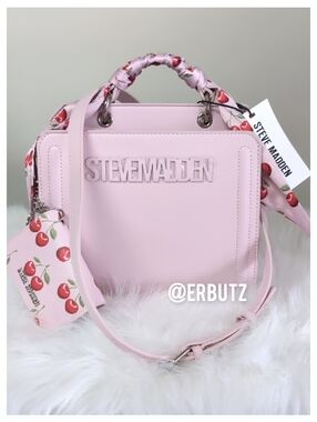 Steve Madden Pink Frost Bevelyn Bag w/ Cherry Scarf + Detachable Card Holder 🍒